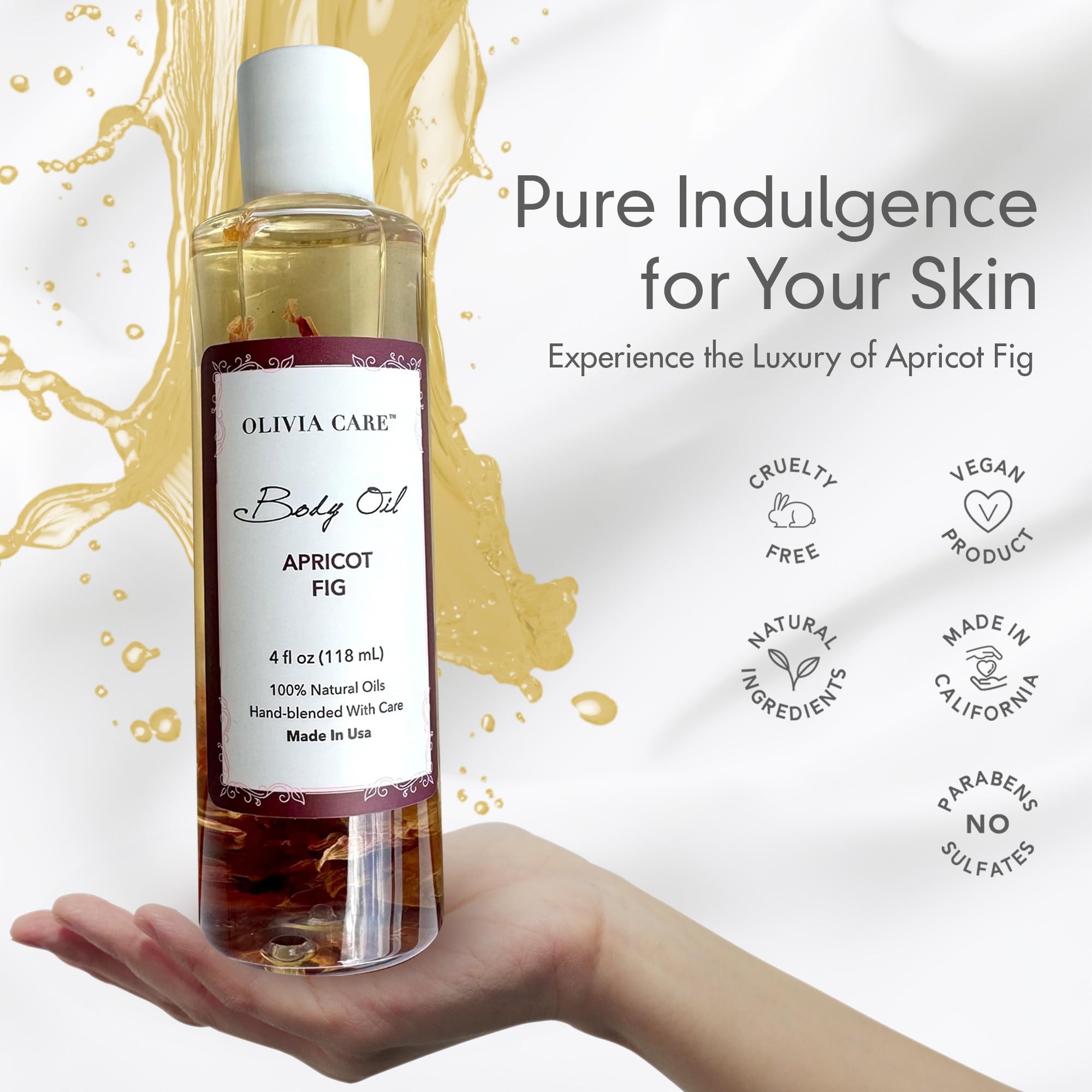 Olivia Care Apricot Fig Body Oil USA-made and cruelty-free.