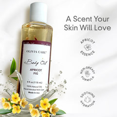 Olivia Care Apricot Fig Body Oil with vitamins E and K.