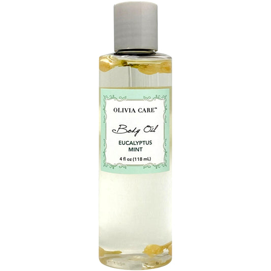 Olivia Care Body Oil bottle with eucalyptus mint aroma for refreshing hydration.