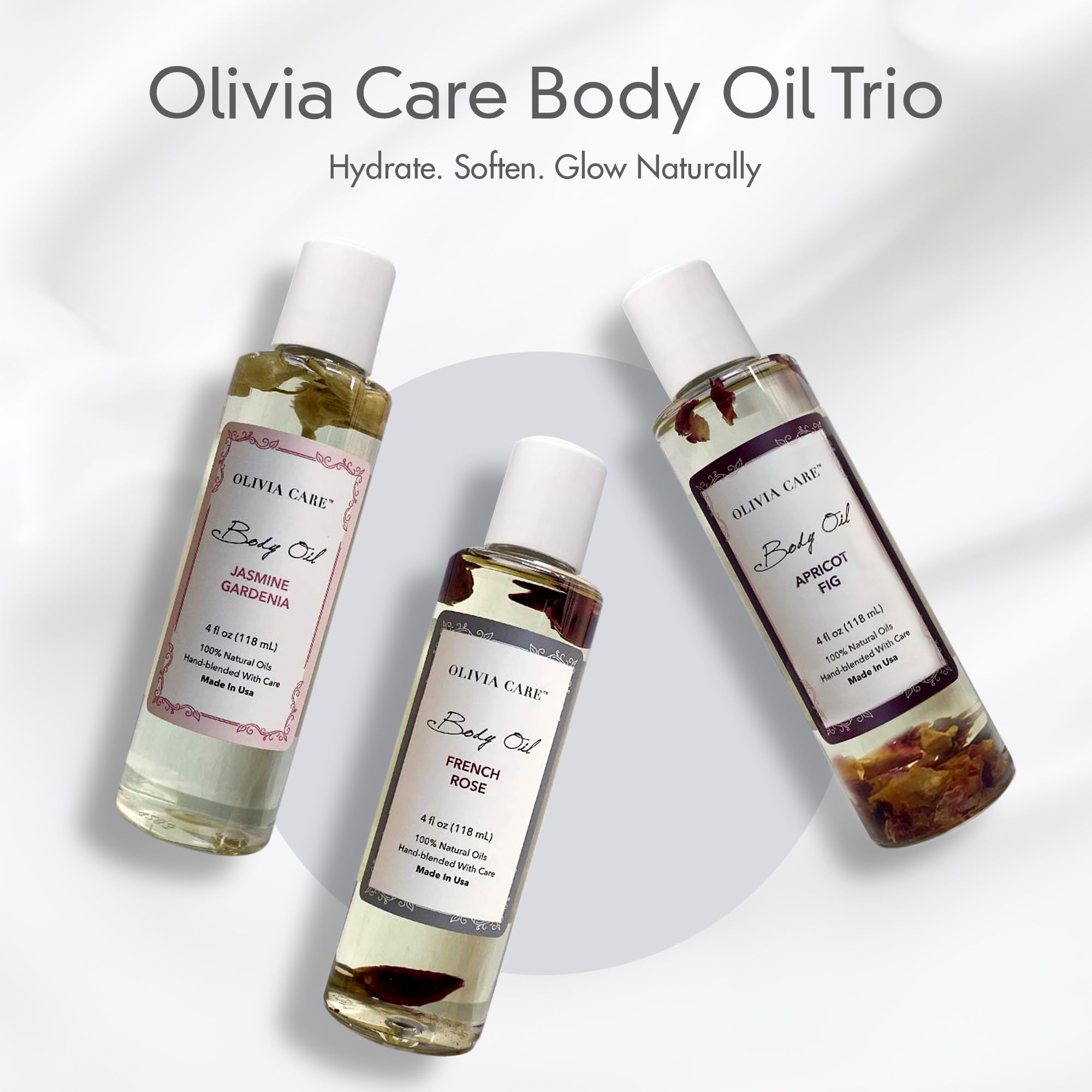 Olivia Care french-rose oil bottle with subtle after-bath fragrance