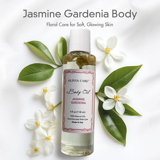 Olivia Care Jasmine Gardenia Body Oil texture close-up signaling fragrance and hydration.