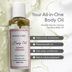 Olivia Care Jasmine Gardenia Body Oil natural, paraben-free formula supports skin health.