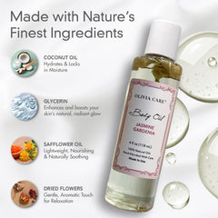 Olivia Care Jasmine Gardenia Body Oil USA-made, cruelty-free formulation.