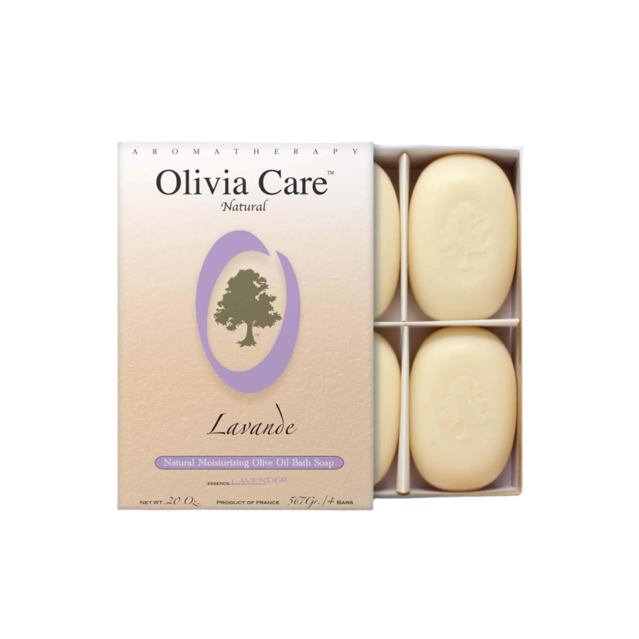 Olivia Care Lavender Bar Soap box set of four bars with Provence lavender aroma.