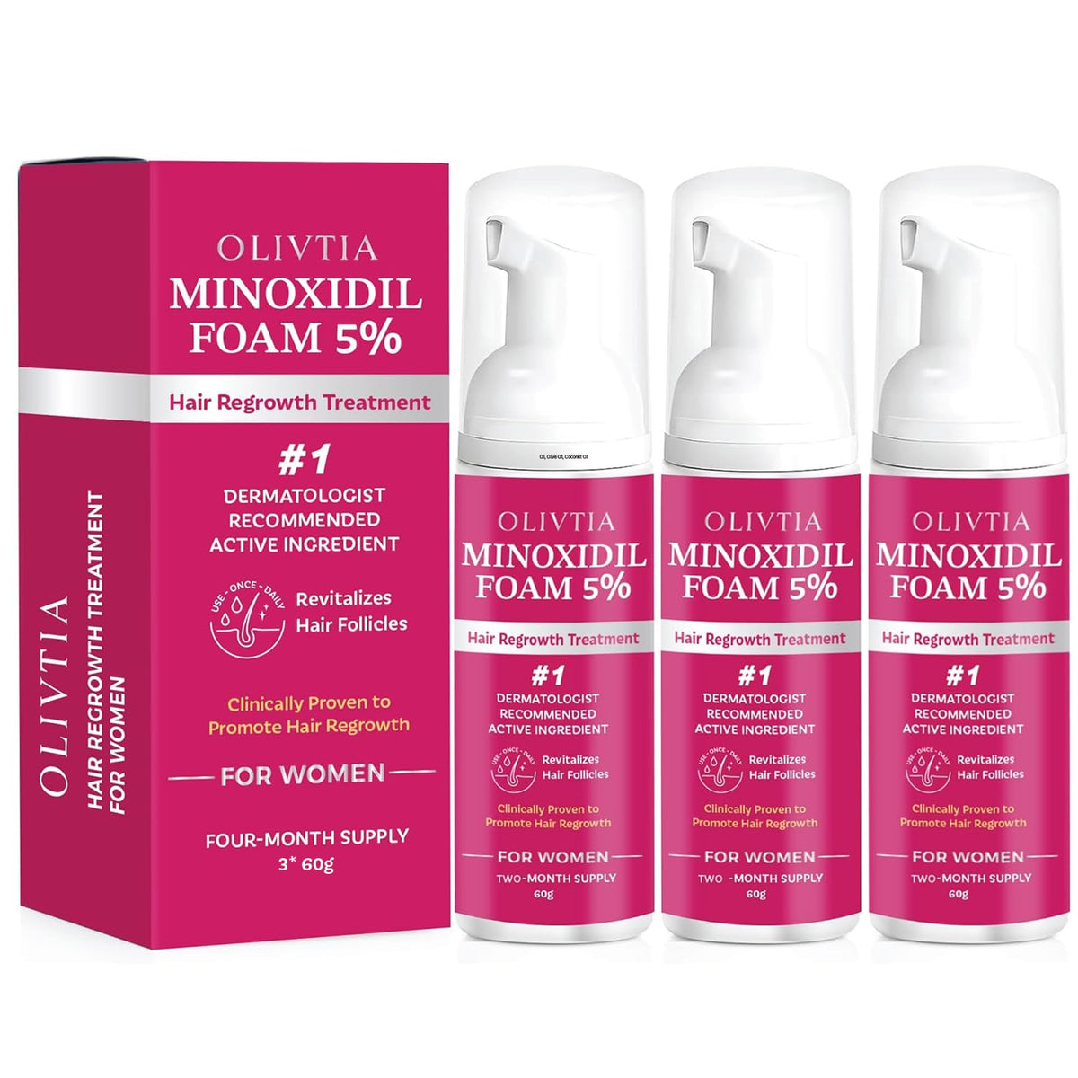 OLIVITA 5% Minoxidil Foam bottle illustrates fast-absorbing scalp treatment.
