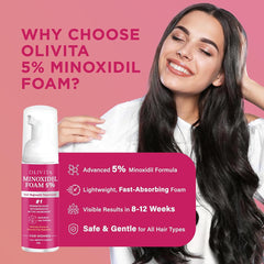 OLIVITA foam application on scalp shows quick-dry action for mess-free use.