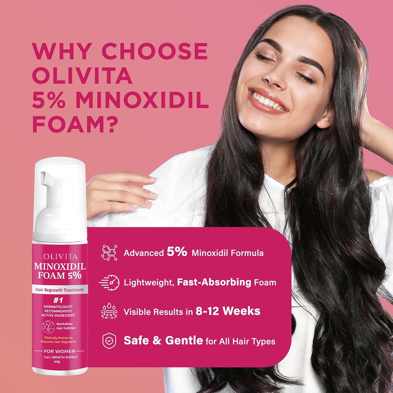 OLIVITA foam texture close-up highlights light, non-greasy formula suitable for all hair types