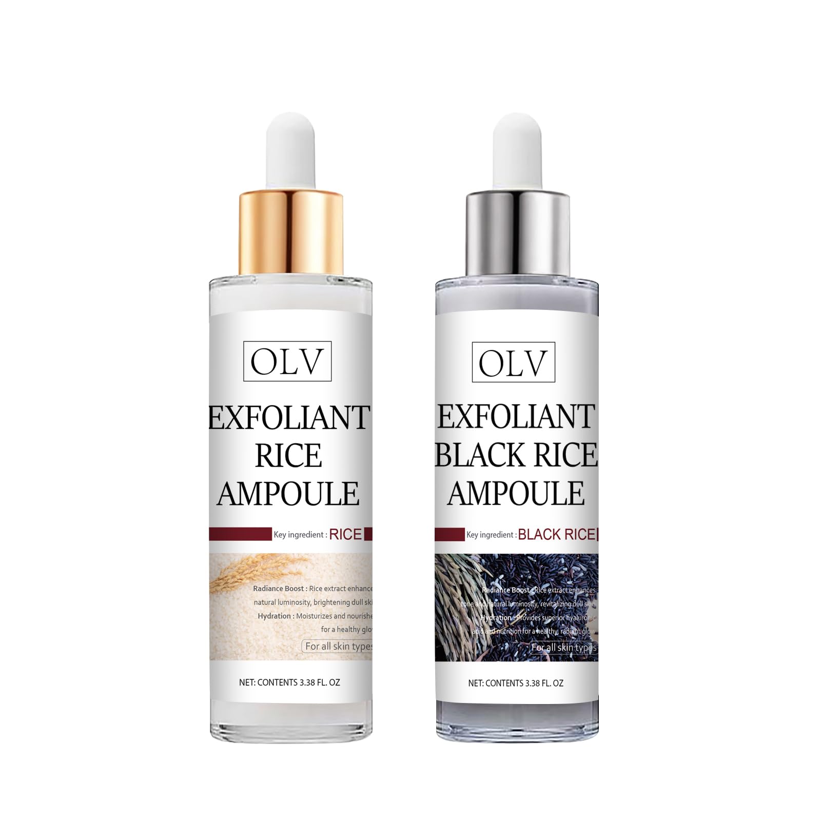 OLV Peel Shot Glow Rice Ampoule white bottle shows brightening formula for radiant skin.