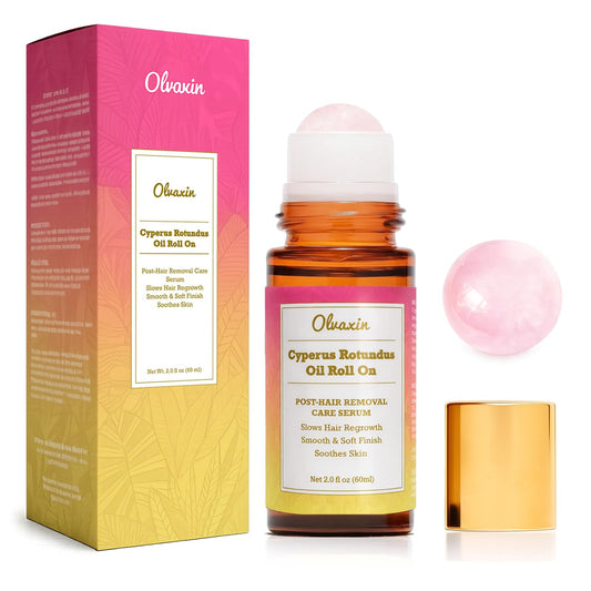 Olvaxin Cyperus Rotundus Oil bottle for natural hair removal care.