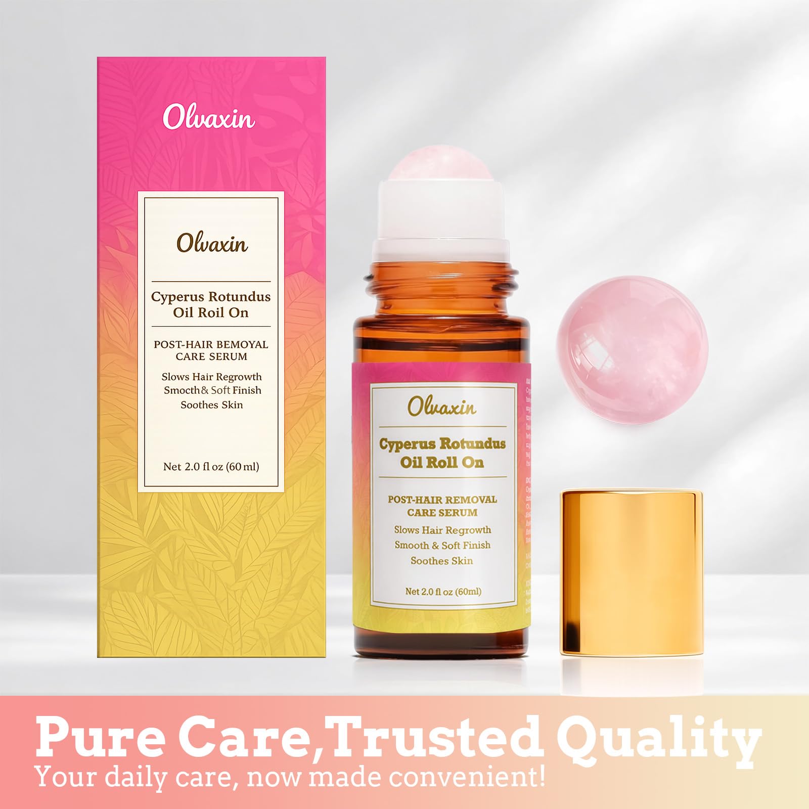 Close-up of Olvaxin Cyperus Rotundus Oil roll-on for smooth skin.
