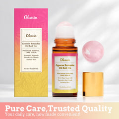 Close-up of Olvaxin Cyperus Rotundus Oil roll-on for smooth skin.
