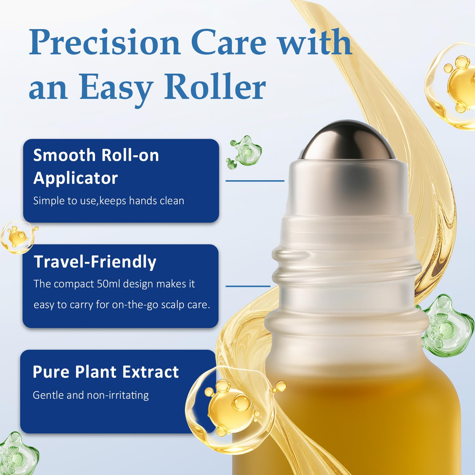 Olvaxin no-mess roll-on tip shown for targeted, mess-free scalp care.