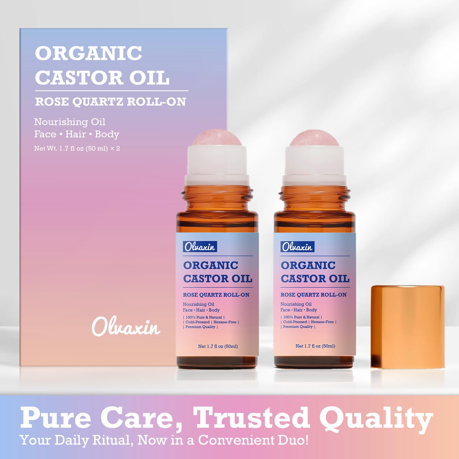 Olvaxin rose quartz roller head for smooth oil application.