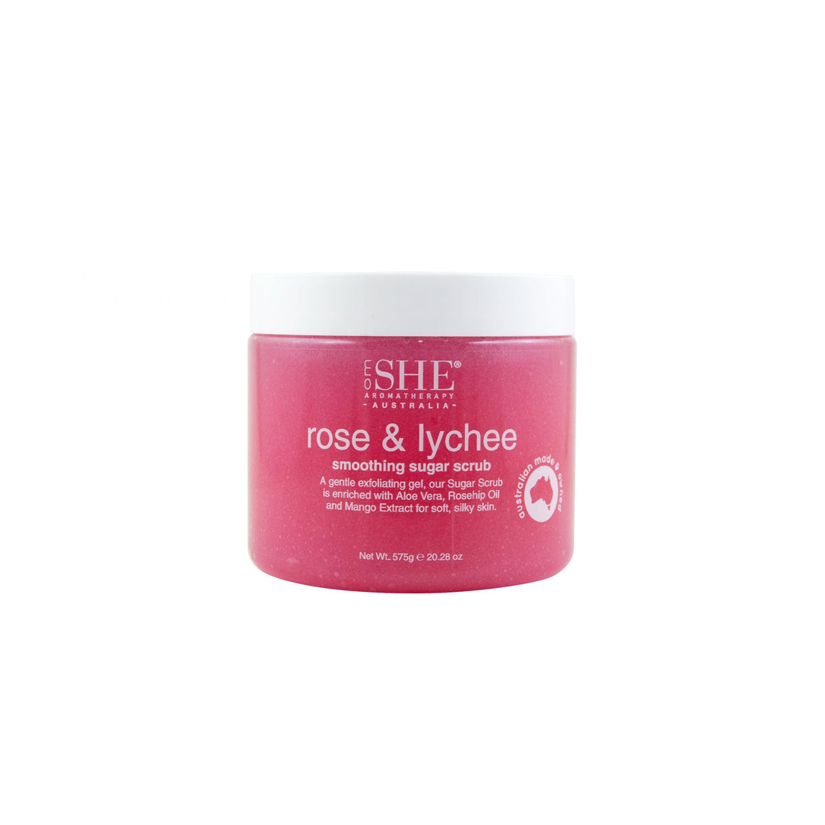 Om She Aromatherapy Rose and Lychee Sugar Scrub bottle for smooth exfoliation