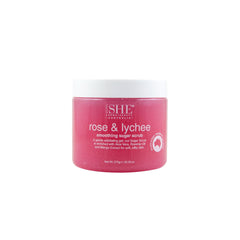 Om She Aromatherapy Rose and Lychee Sugar Scrub bottle for smooth exfoliation