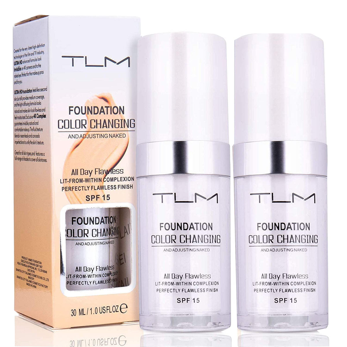 Omaky colour-changing foundation packaging with two 30ml bottles for travel-friendly use