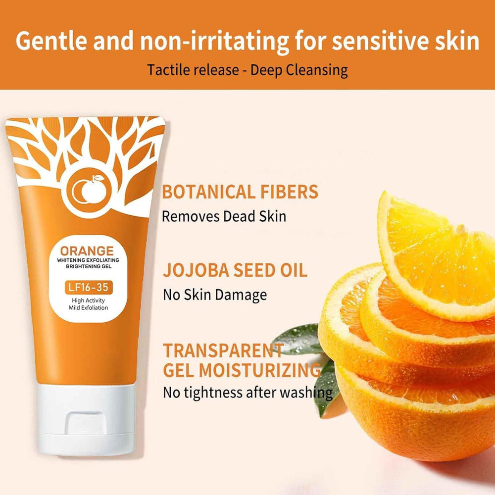 Omexry Orange Gel Scrub applied on damp skin to reveal smoother texture.