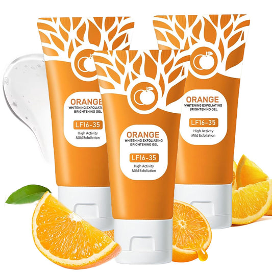 Omexry Orange Exfoliating Gel Scrub bottle demonstrates gentle cleansing with purifying enzymes.