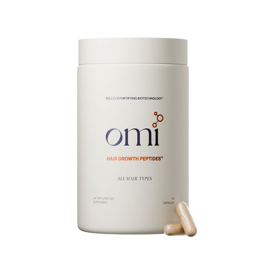 OMI WellBeauty hair growth peptides bottle front, premium treatment for fuller-looking hair.