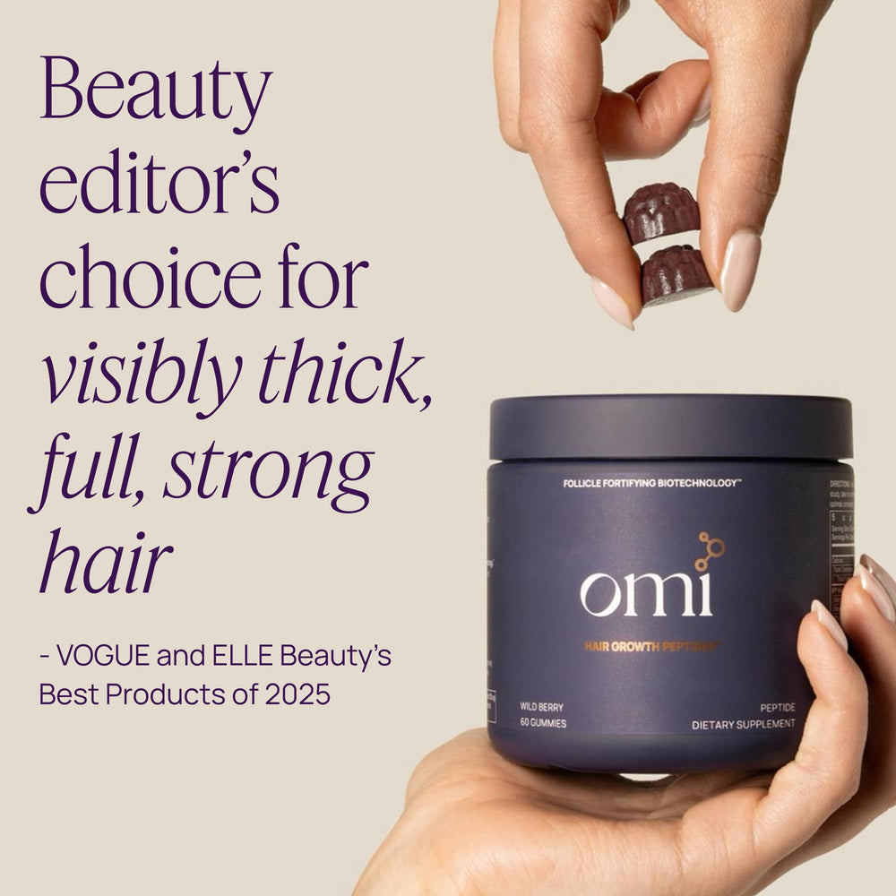 OMI Hair Growth Peptides Gummies packaging box on display for convenient at-home use.