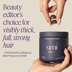 OMI Hair Growth Peptides Gummies packaging box on display for convenient at-home use.