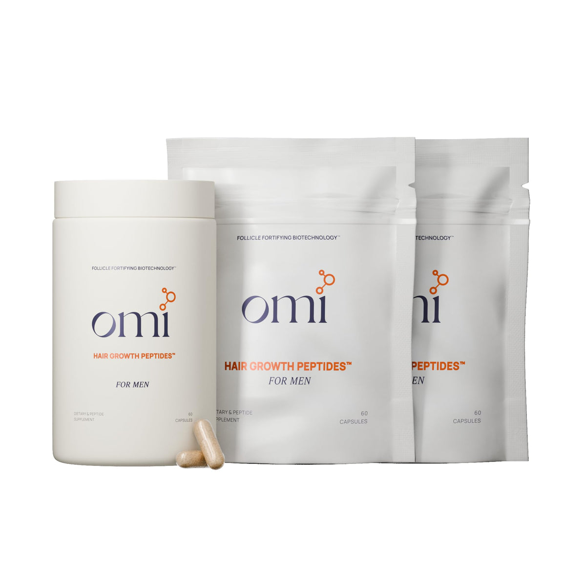 OMI WELLBEAUTY men's hair growth peptides bottle highlighting advanced peptides for follicle support.