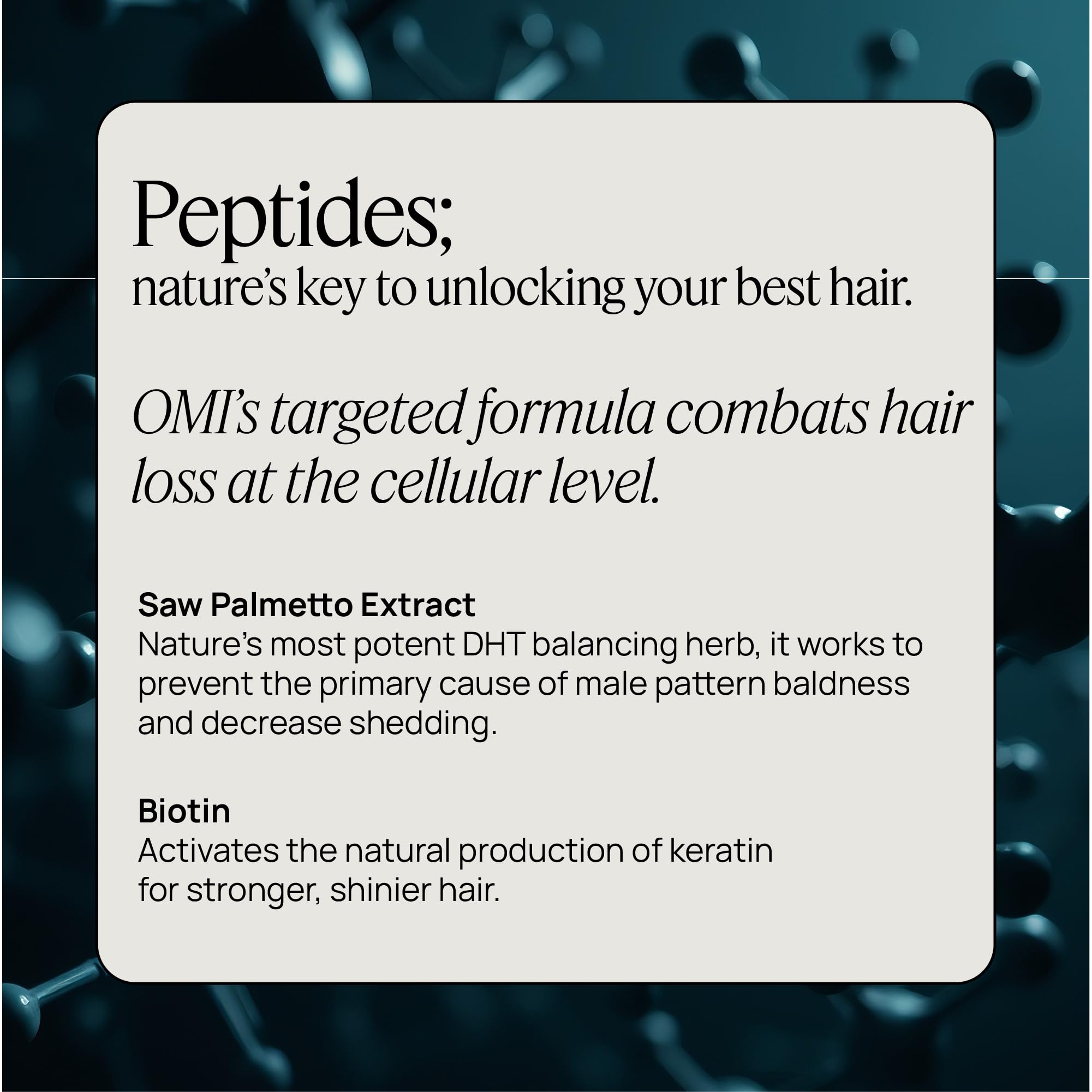 OMI WELLBEAUTY science peptide technology close-up conveys premium formulation and regenerative focus.