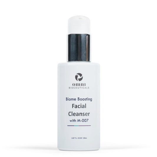Omni Bioceuticals Biome Boosting Cleanser bottle shows a hydrating gel formula for daily use.