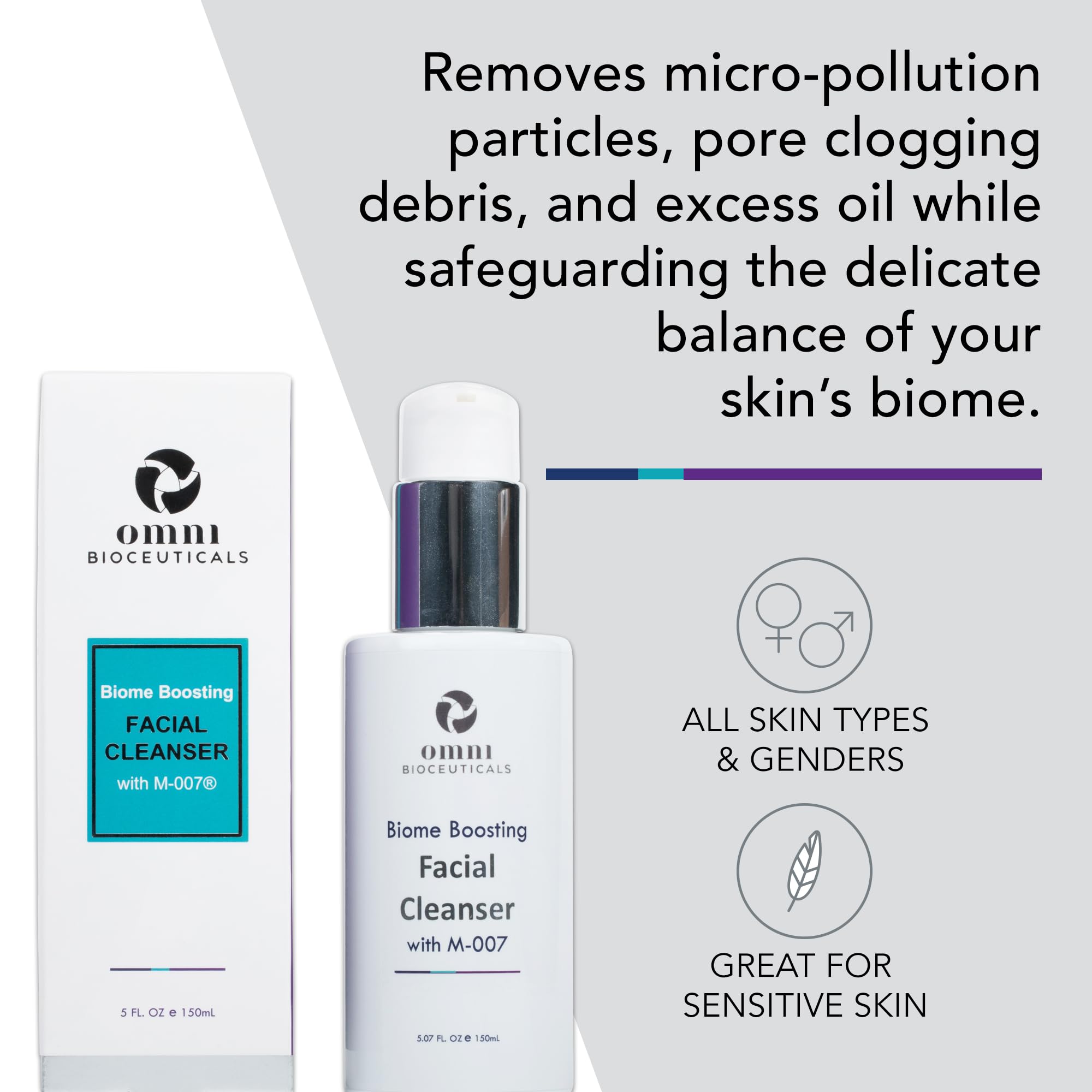 Omni Bioceuticals Biome Boosting Cleanser gel texture close-up highlights gentle cleansing for balanced skin.