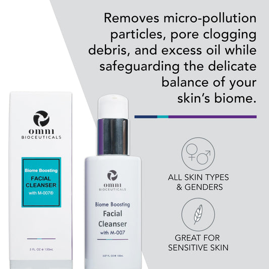 Omni Bioceuticals Biome Boosting Cleanser gel texture close-up highlights gentle cleansing for balanced skin.