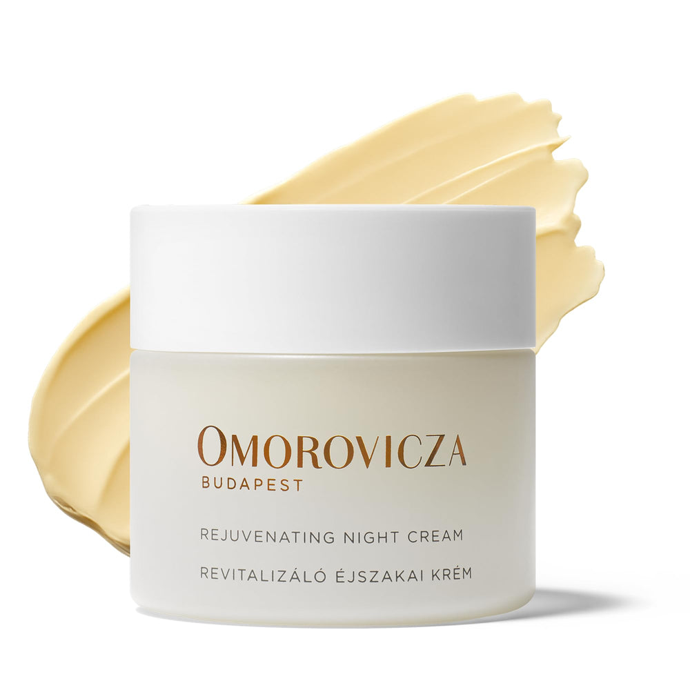 Omorovicza Rejuvenating Night Cream bottle close-up highlighting rich texture for overnight nourishment
