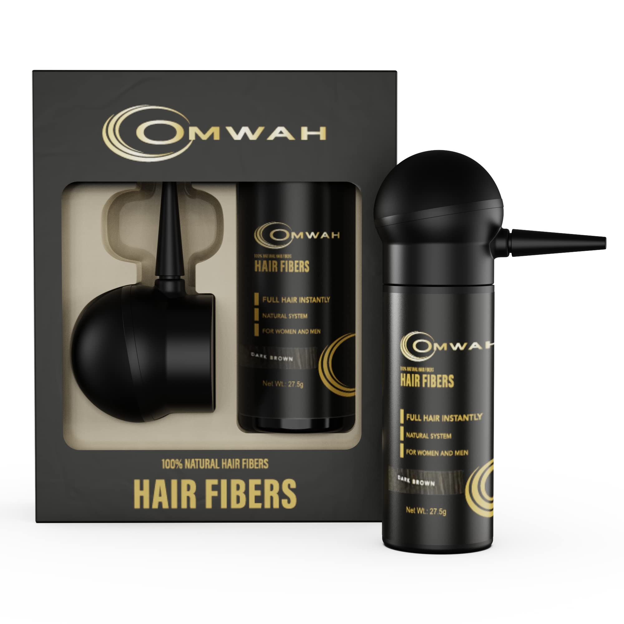 OMWAH natural hair fibers bottle in dark brown for fuller look