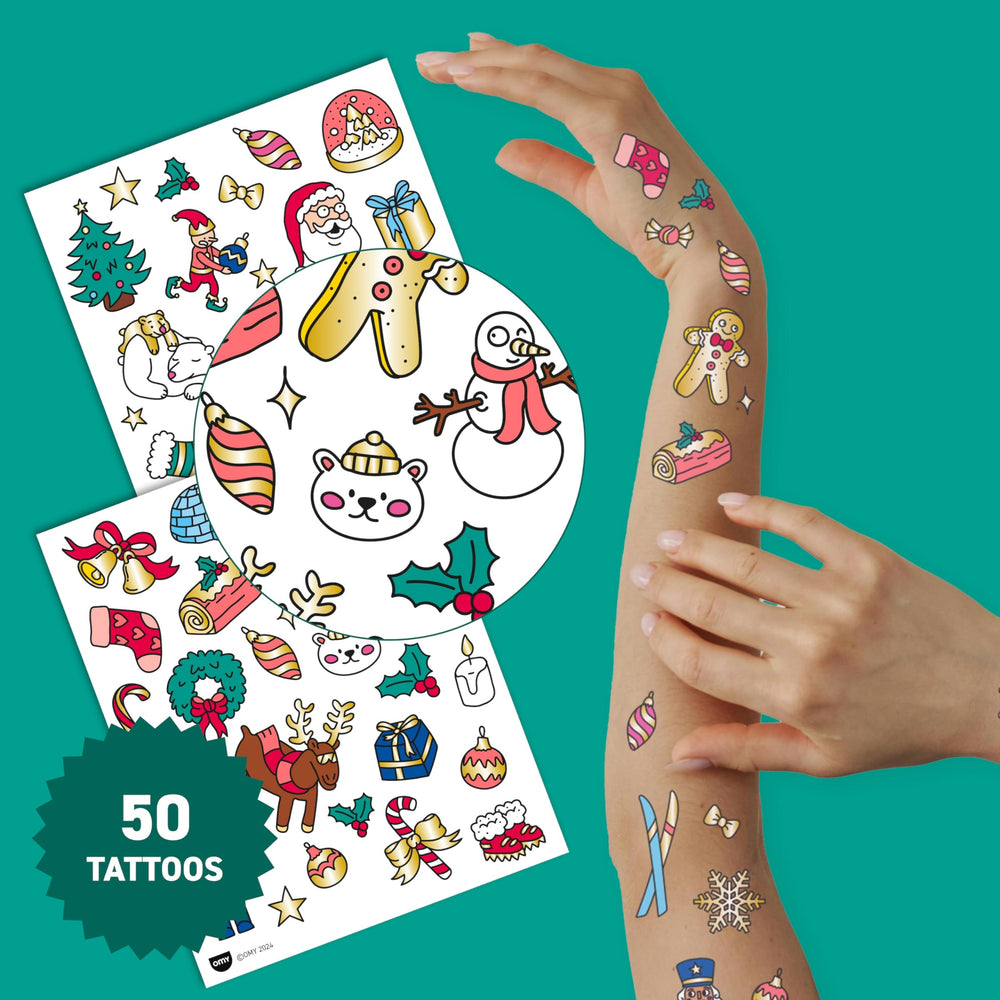 Omy Christmas tattoos reindeer designs stay vibrant during play.