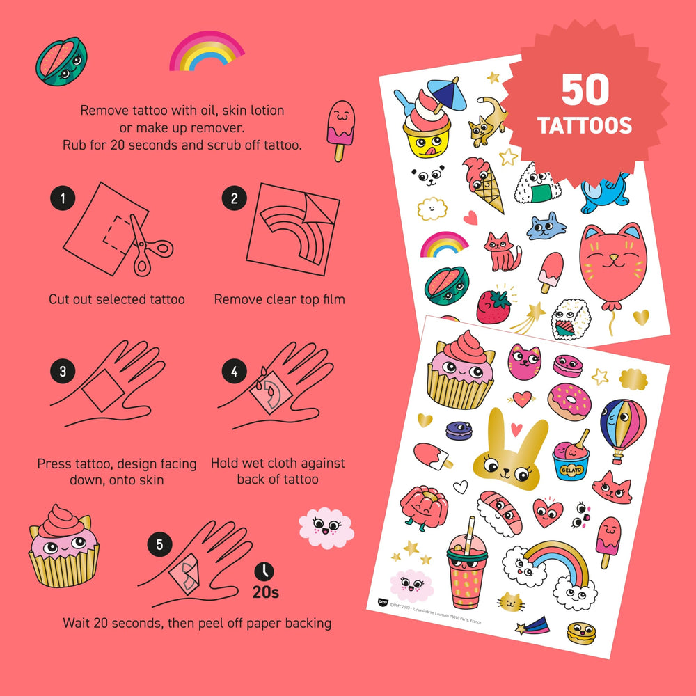 Omy Kawaii tattoos stay waterproof and long-lasting during playtime.