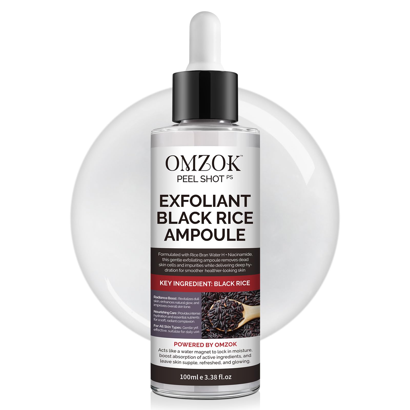 OMZOK Peel Shot Glow Rice Ampoule bottle held for at-home exfoliation