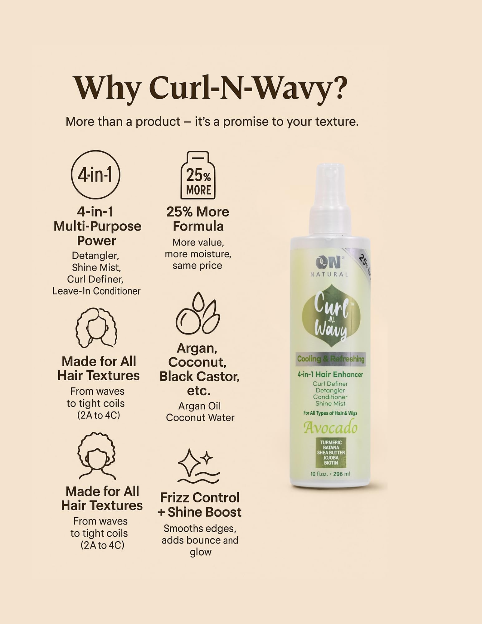 On Natural Curl-N-Wavy detangler bottle ready for easy comb-through.