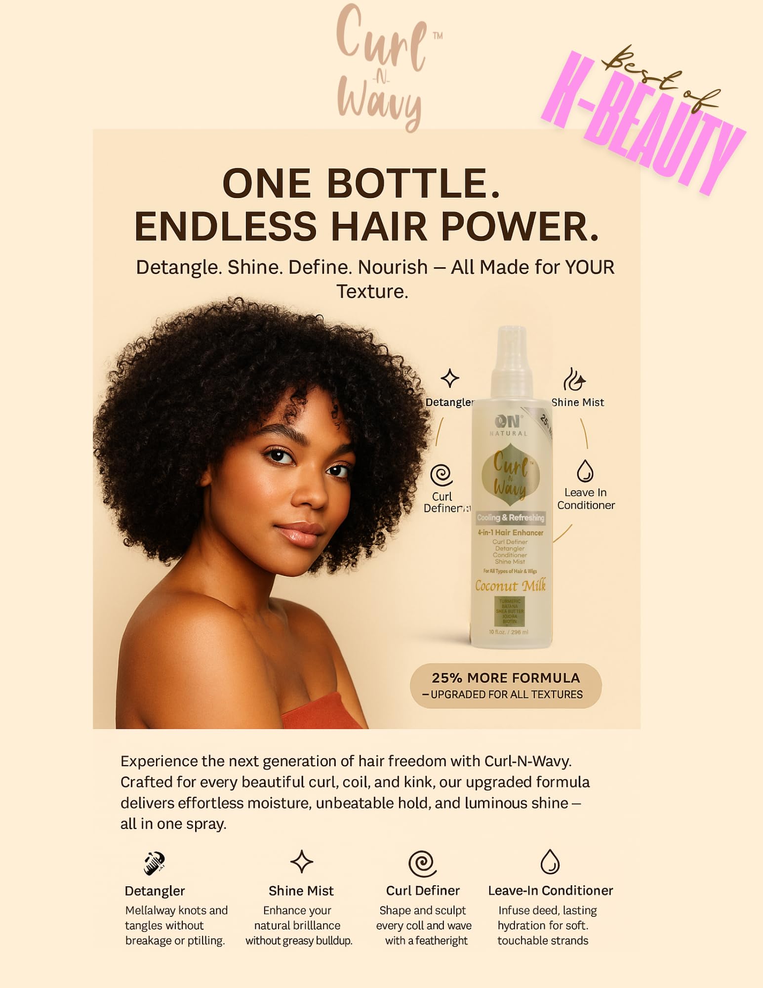 On Natural Curl-N-Wavy label close-up highlighting product name and detangling promise.