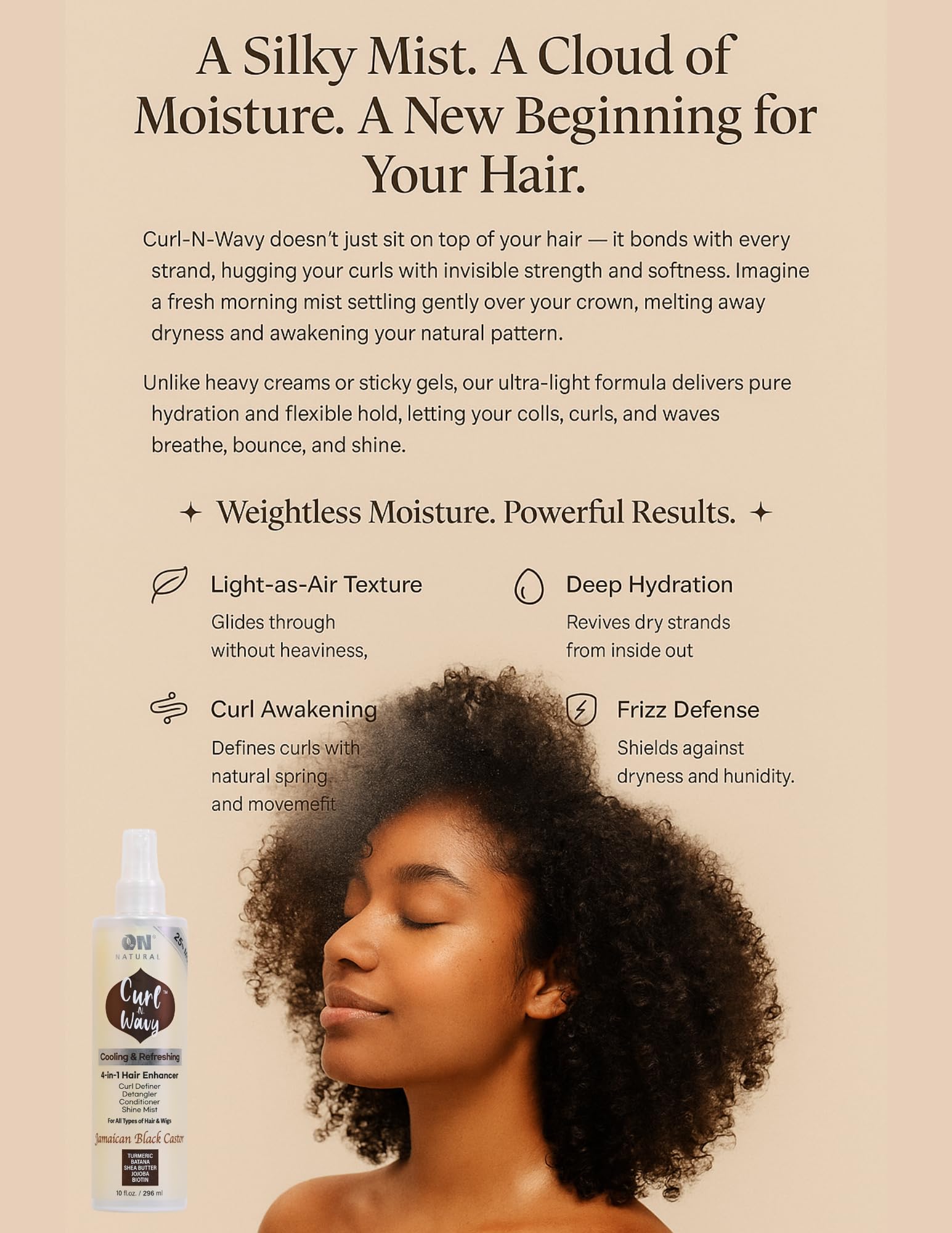 On Natural Curl-N-Wavy pump action showing easy dispensing for quick styling.