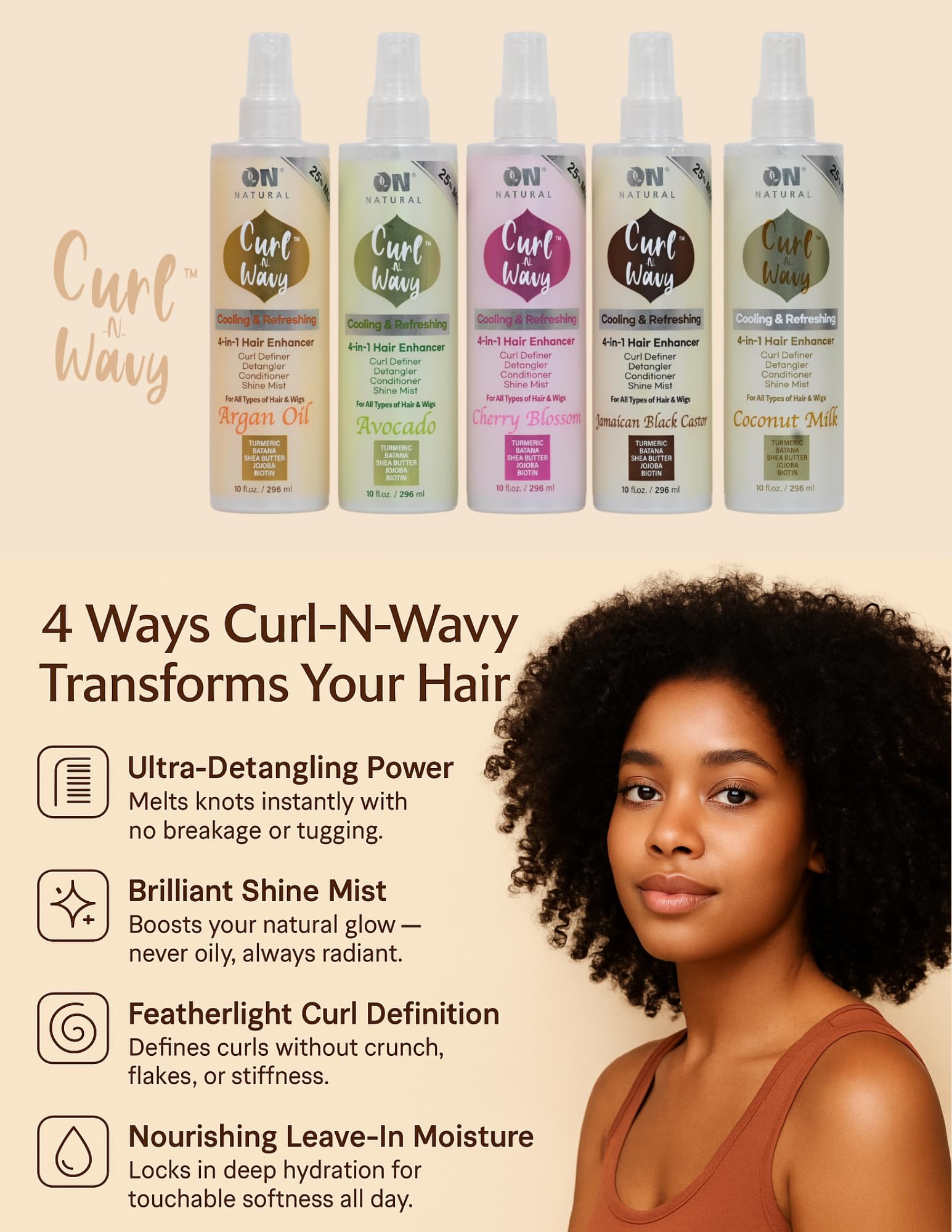 On Natural Curl-N-Wavy product on a refreshing hair care routine setup.