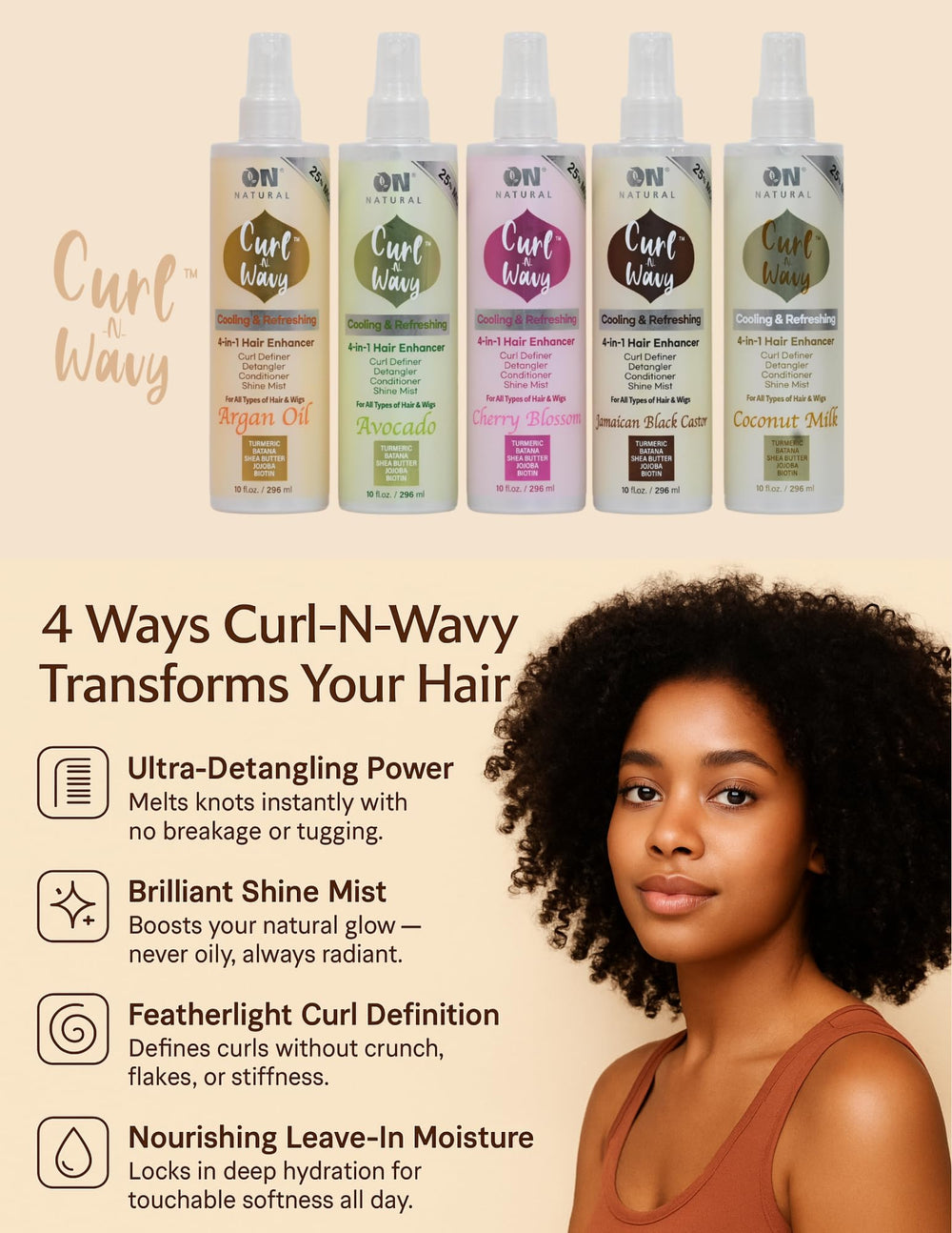 On Natural Curl-N-Wavy product on a refreshing hair care routine setup.