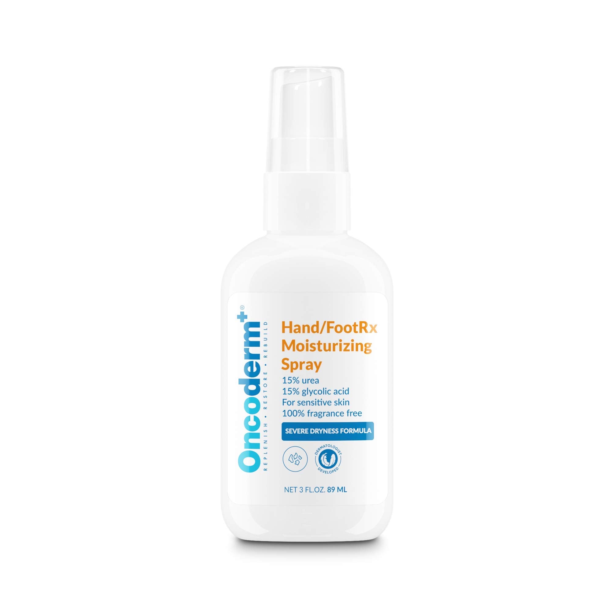 Oncoderm Hand FootRx moisturizing spray bottle delivering lasting hydration for dry hands and feet.