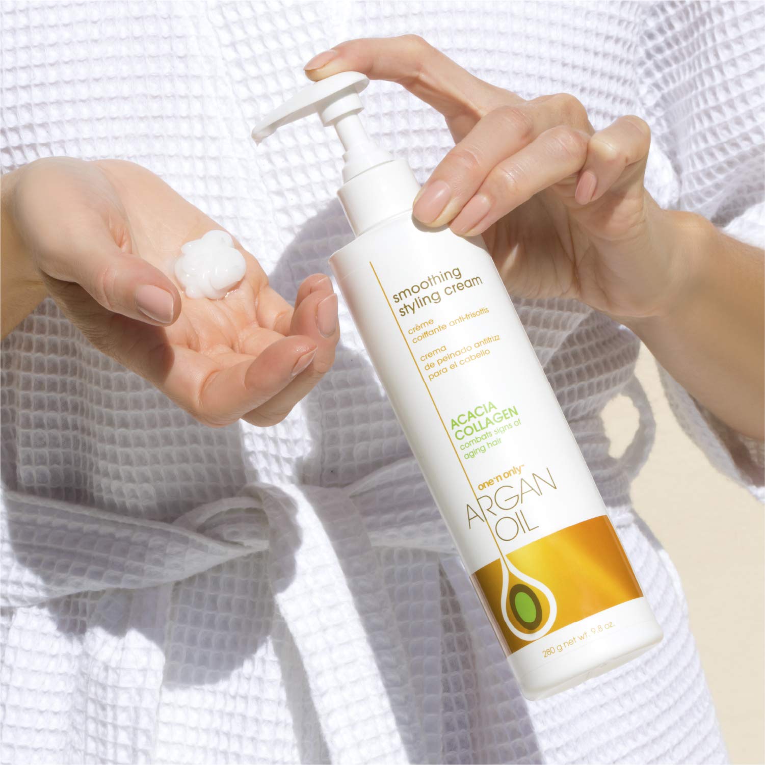 Frizz control demonstrated by One 'n Only Argan Oil Smoothing Cream.