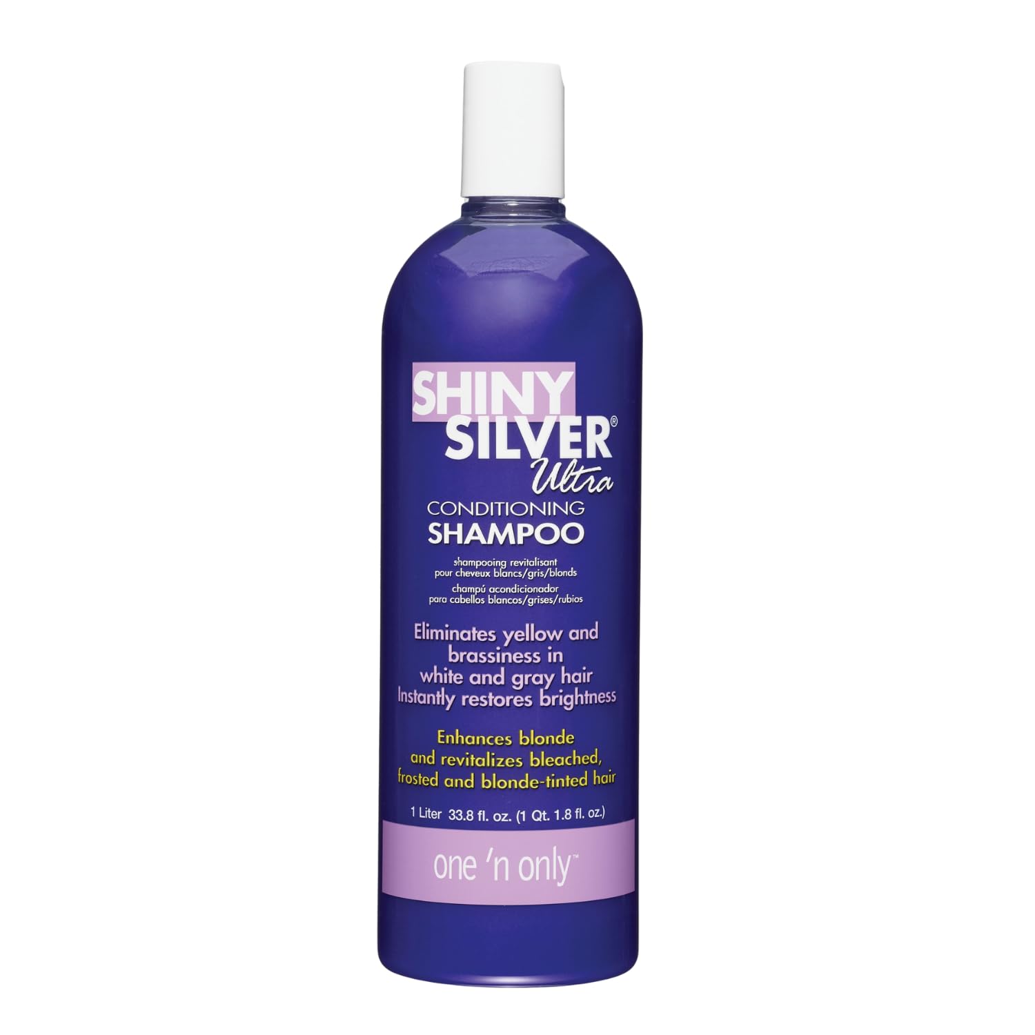 One 'N Only Shiny Silver Purple Shampoo bottle front with argan oil conditioning