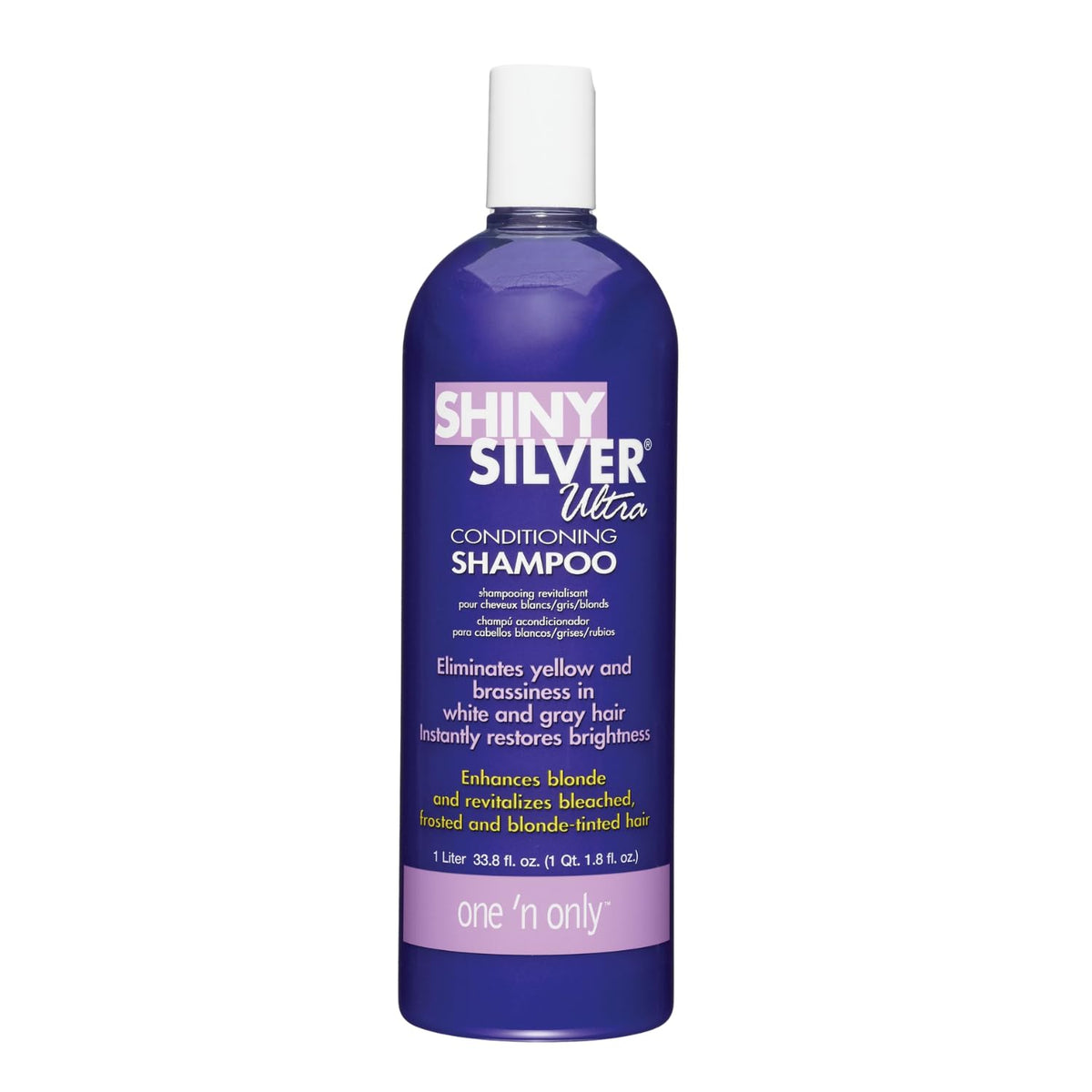 One 'N Only Shiny Silver Purple Shampoo bottle front with argan oil conditioning