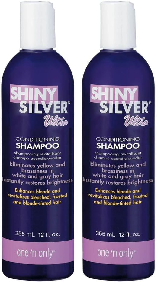 One 'N Only Shiny Silver Purple Shampoo bottle showing argan oil toning for cool blonde tones