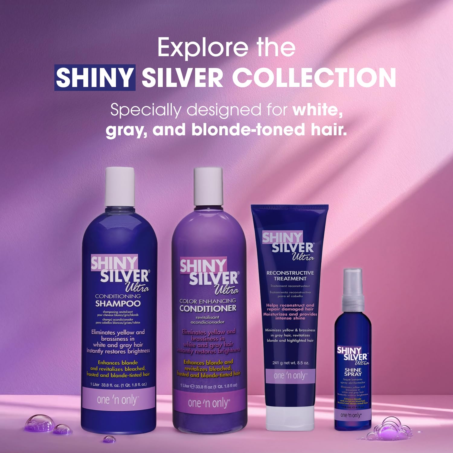 One 'N Only Shiny Silver Purple Shampoo close-up showing moisturized, toned strands