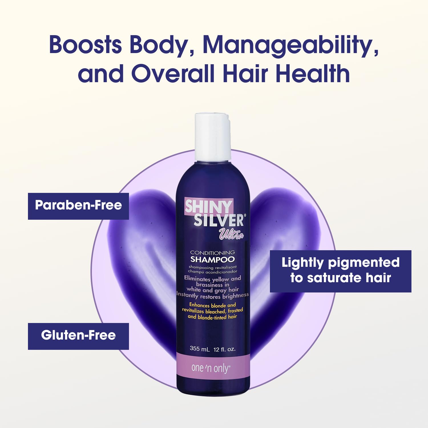 One 'N Only Shiny Silver Purple Shampoo smooths hair after wash