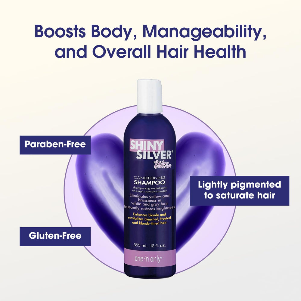 One 'N Only Shiny Silver Purple Shampoo smooths hair after wash