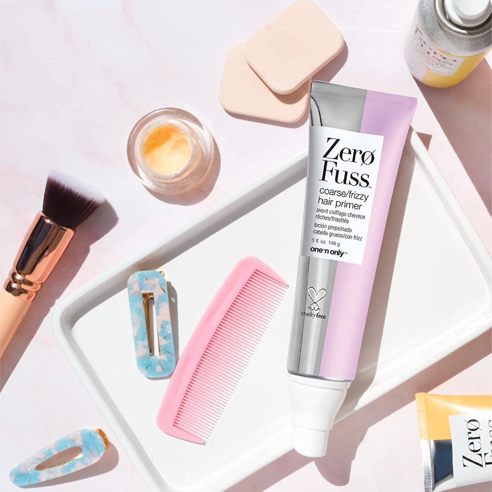 Zero Fuss Primer close-up shows smoother hair strands and frizz control.