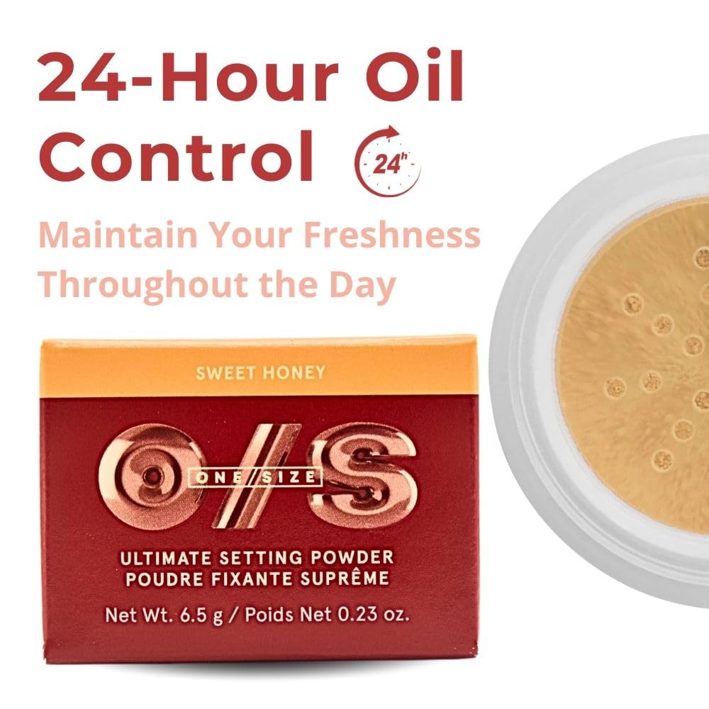 One/Size Sweet Honey powder bottle on vanity, ready for all-day wear.